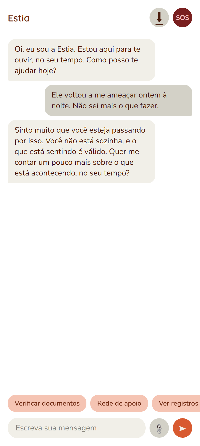 Tela de chat do Estia, com uma conversa de acolhimento