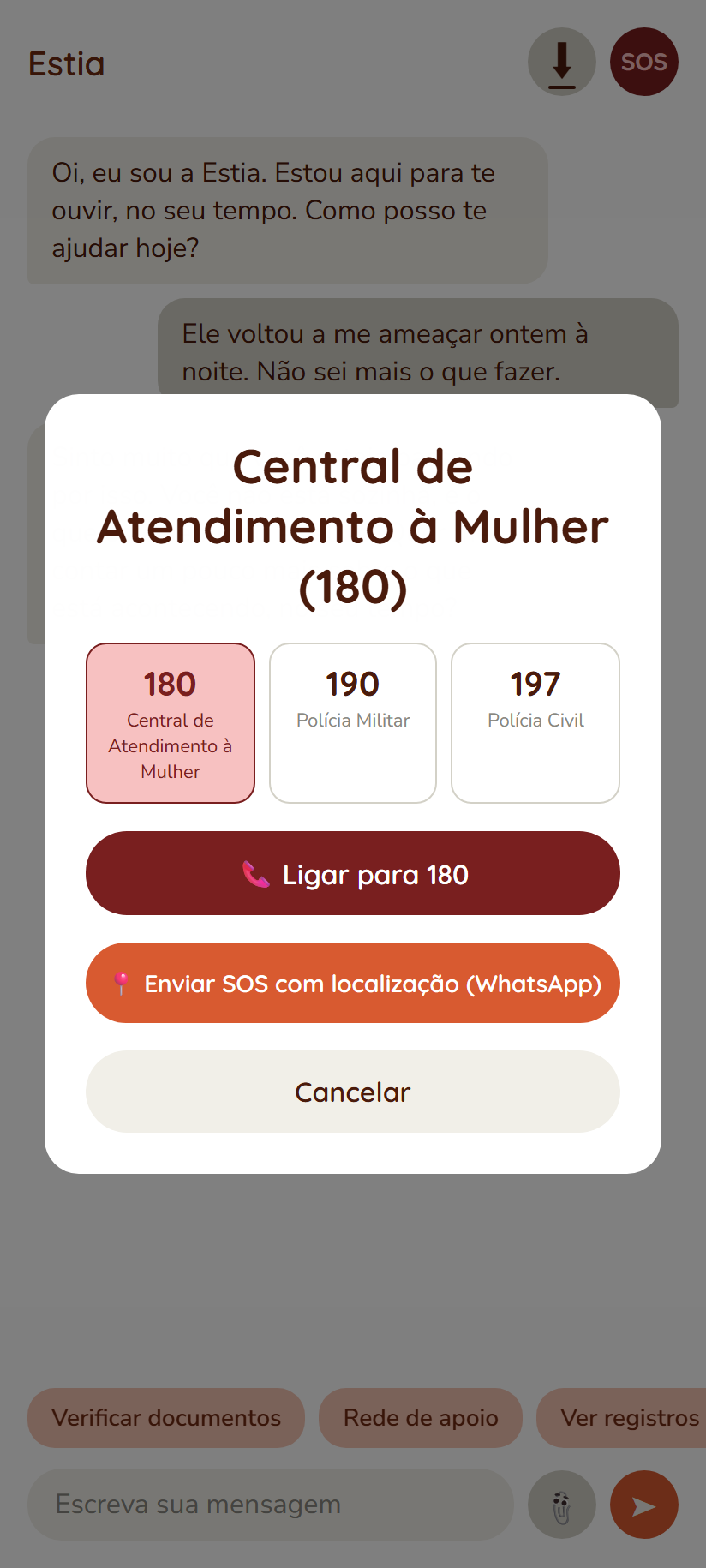 Painel de emergência do Estia com os números 180, 190, 197 e o botão de SOS por localização